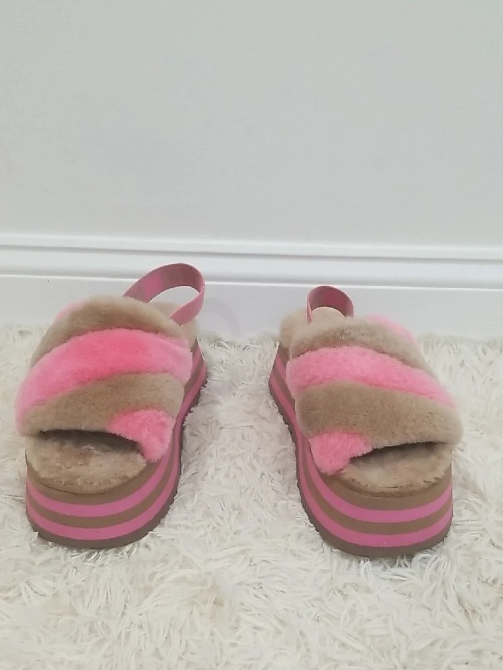 UGG Pink & Beige Fuzzy Platform Slide Sandals